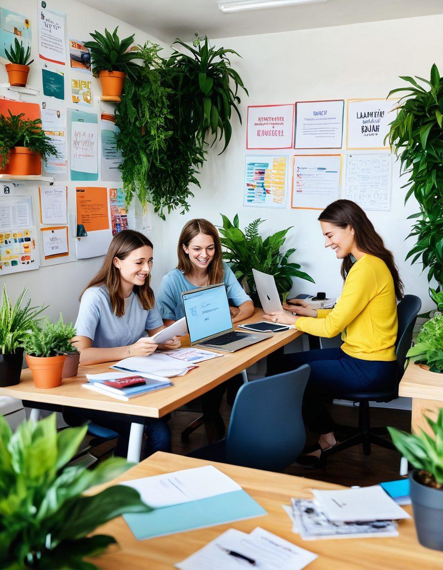 A bright and uplifting workspace featuring a diverse group of individuals effortlessly collaborating over colorful documents and digital devices, surrounded by cheerful plants and motivational quotes on the wall. Highlight smiles, teamwork, and a sense of accomplishment. The ambiance should evoke joy and simplicity in the submission process. vibrant colors. modern illustration. soft focus.