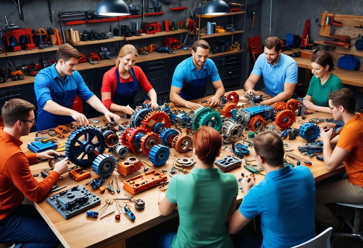 A vibrant workshop scene showcasing diverse people collaborating on seamless projects, surrounded by tools representing efficiency and innovation. Include visual metaphors like gears and engines symbolizing a smooth operation. The atmosphere should exude joy and teamwork, with bright colors to enhance the sense of excitement. super-realistic. vibrant colors. 3D.