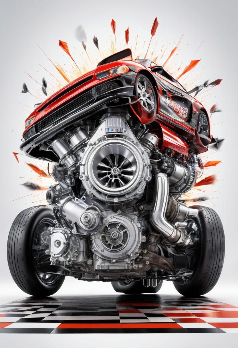 An engine with gleaming turbochargers and high-performance parts, surrounded by dynamic arrows symbolizing speed and power. In the background, a driver excitedly holds a checkered flag, representing victory and success. Bright, energetic colors highlight technology and motion, creating a sense of enthusiasm and accomplishment. The scene should have a sleek, modern design, capturing the essence of automotive performance enhancement. super-realistic. vibrant colors. white background.